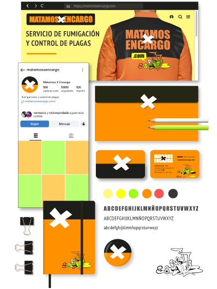 Mockup del ecosistema de identidad de la marca Matamos X Encargo